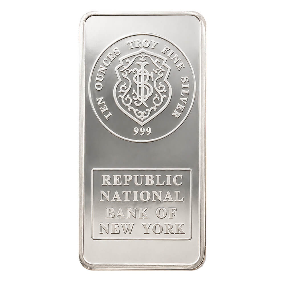 10 oz Johnson Matthey JM Republic National Bank Silver Vintage Bar .999 Fine