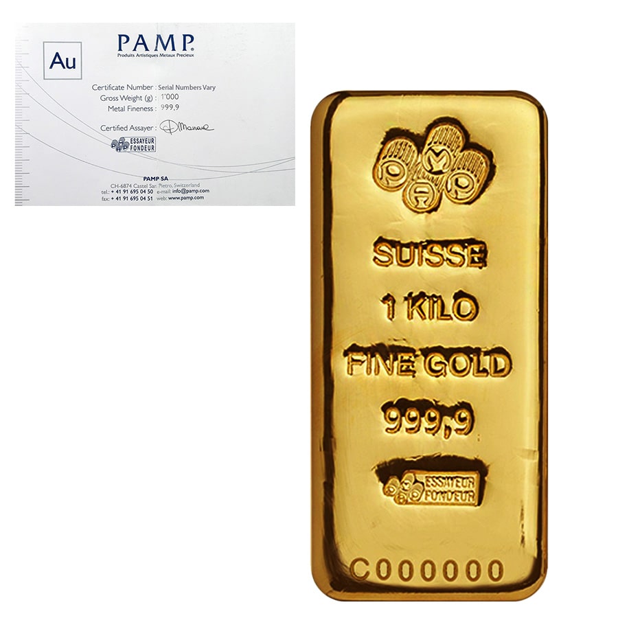 1 Kilo Gold Bar PAMP Suisse .9999 Fine (Cast, w/Assay) thumbnail 2