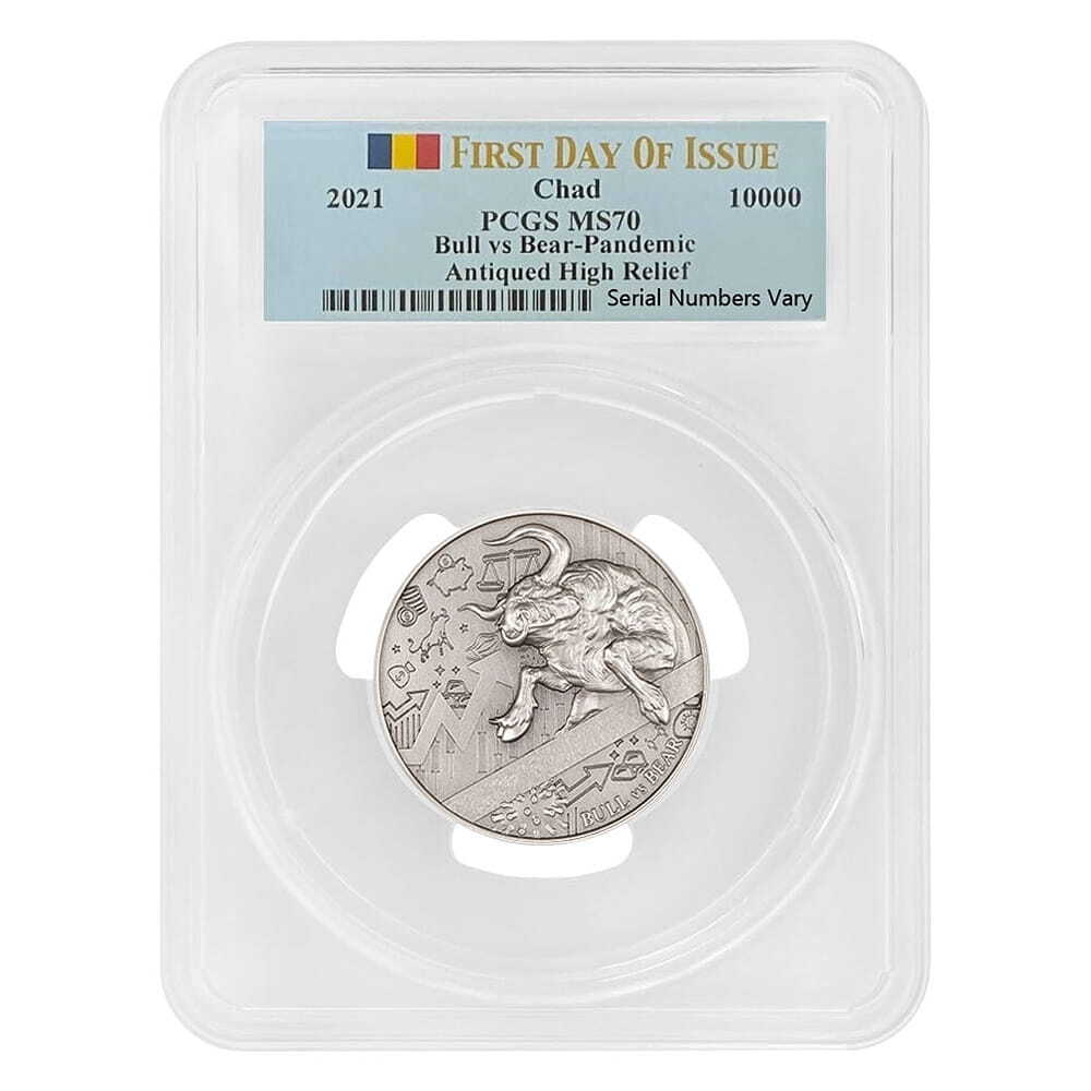 2021 Chad 2 oz Silver Bull vs Bear Pandemic Coin PCGS MS 70 FDOI Antiqued High Relief