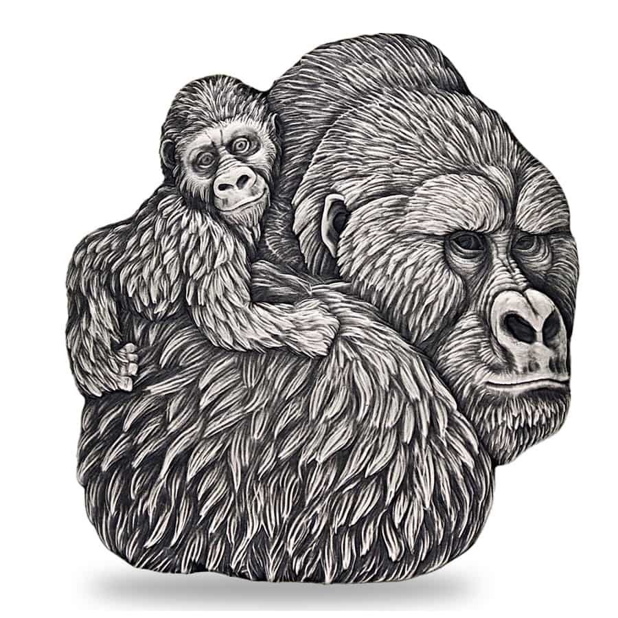 2023 Chad 1 oz Silver Gorilla and Child Shaped Antiqued High Relief Coin .999 Fine (w/Box) thumbnail 2