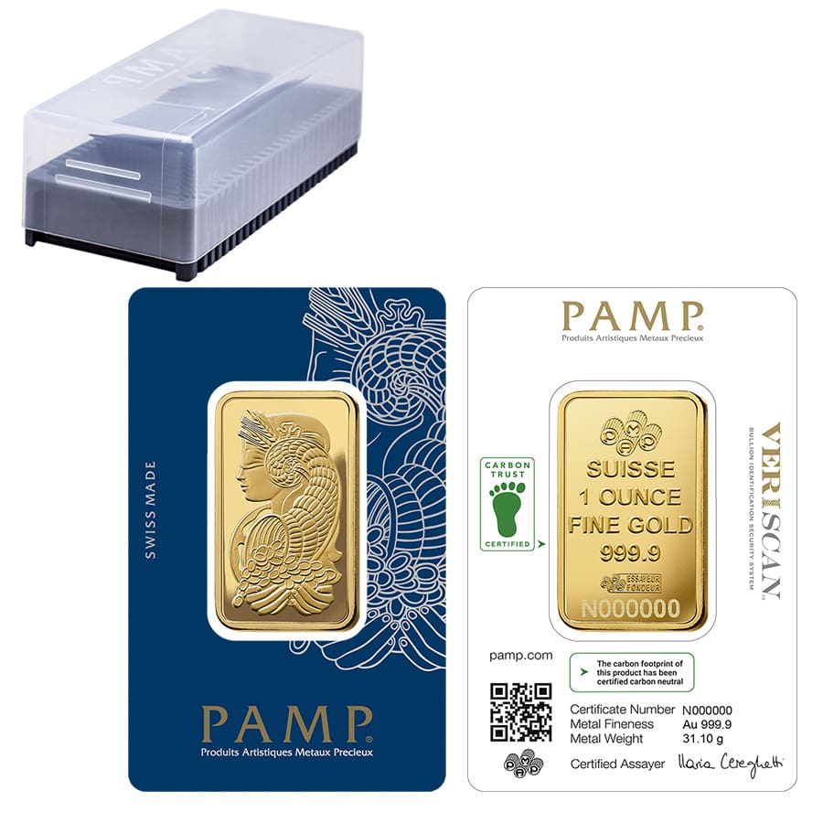 Box of 25 - 1 oz Gold Bar PAMP Suisse Lady Fortuna Veriscan Carbon Neutral (in Assay) thumbnail 2