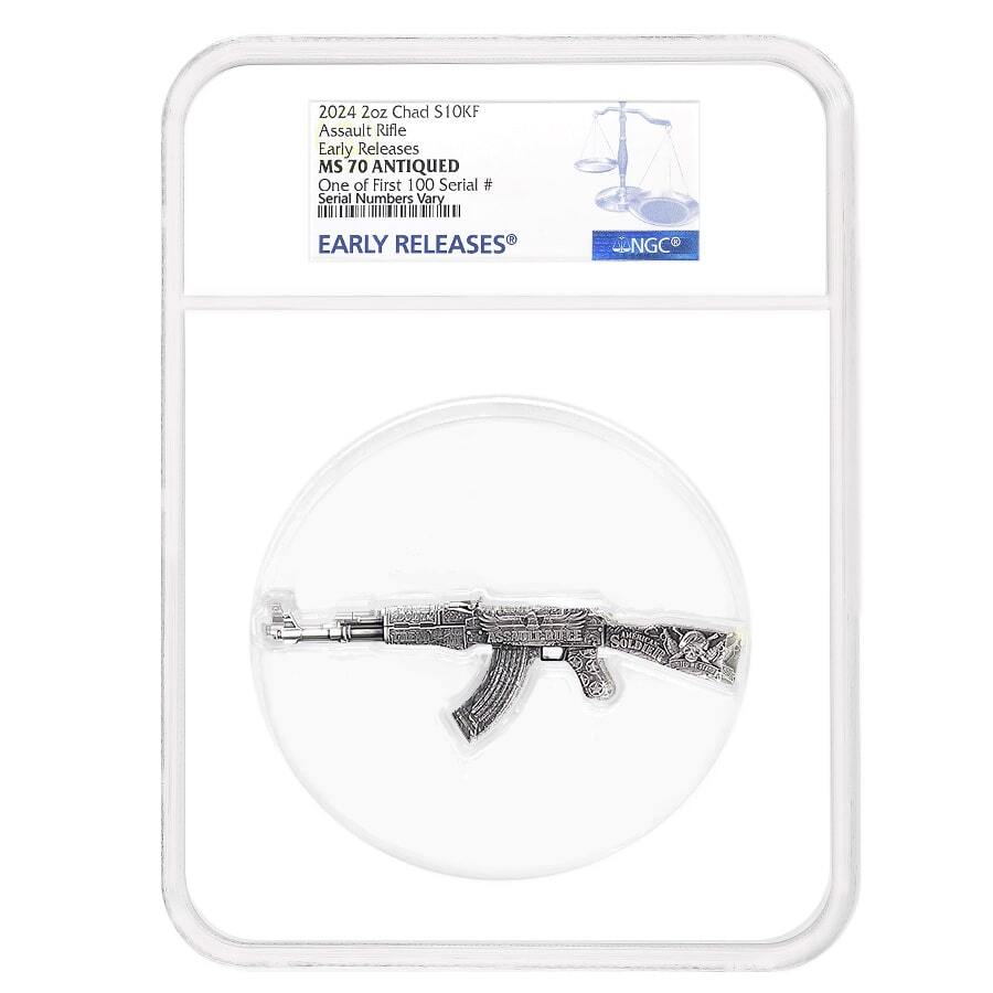 2024 Chad 2 oz Silver Assault Rifle Antiqued Coin NGC MS 70 ER One of First 100