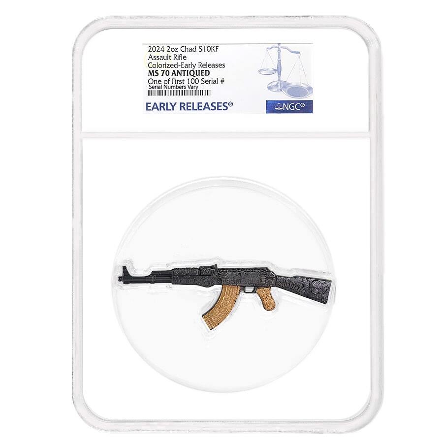 2024 Chad 2 oz Silver Assault Rifle Black & Gold NGC MS 70 ER One of First 100