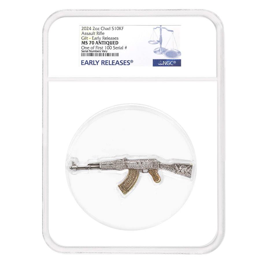 2024 Chad 2 oz Silver Assault Rifle Gilded NGC MS 70 ER One of First 100