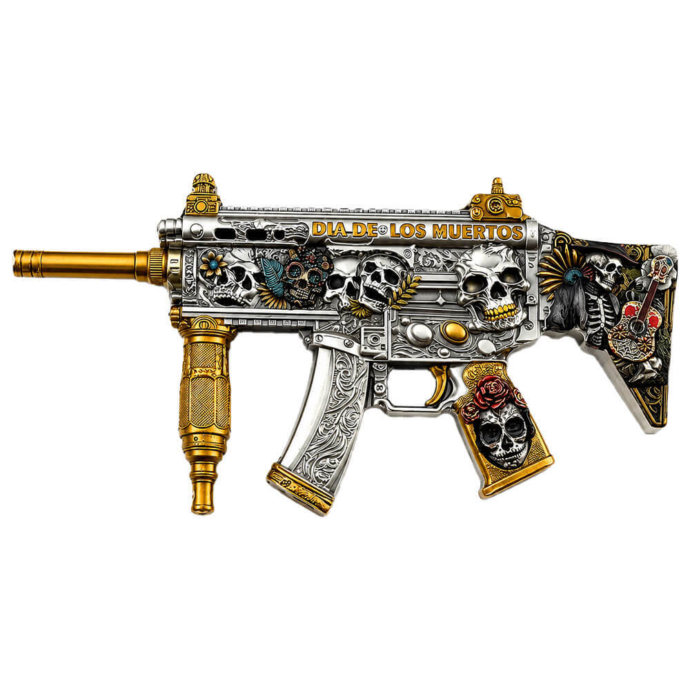 2 oz Dia de los Muertos Gun ShapedSilver .999 Fine Antiqued Finish thumbnail 2