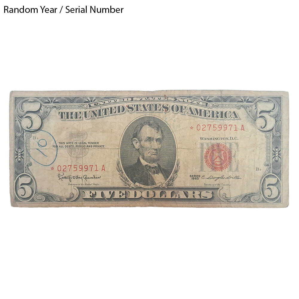 $5 Bill Legal Tender Currency Star Note Red Seal Cull (Random Year)