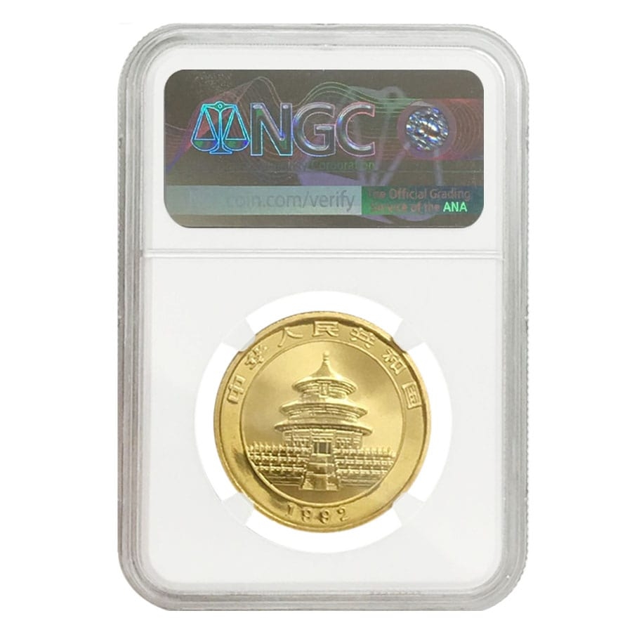 1992 1 oz Chinese Gold Panda 100 Yuan Large Date NGC MS 69 thumbnail 2