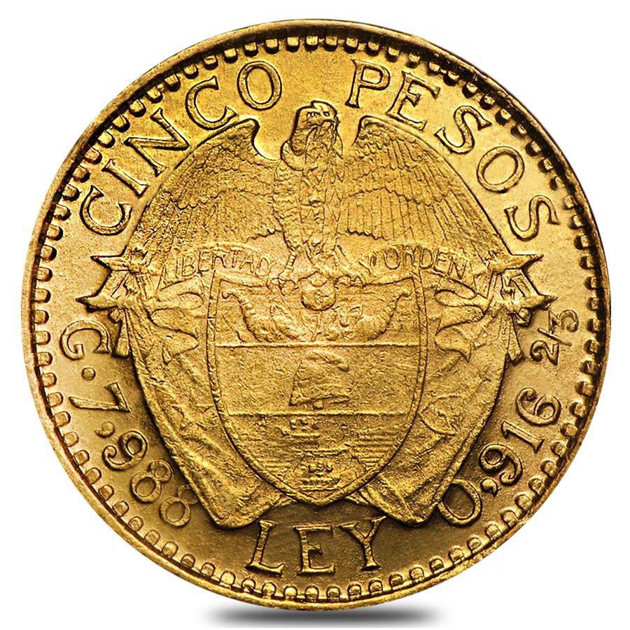 Colombia 5 Pesos Gold Coin Avg Circ AGW 0.2355 oz (1913-1930, Random Year) thumbnail 4