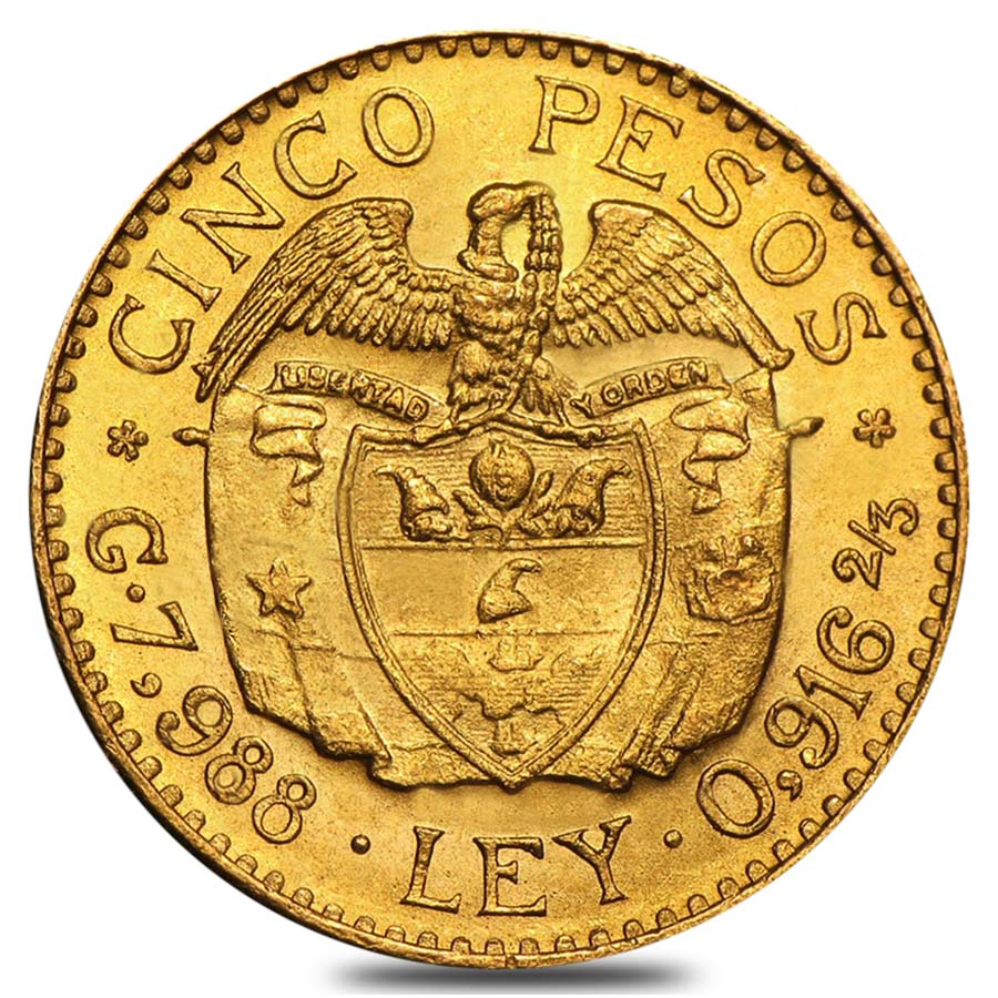 Colombia 5 Pesos Gold Coin Avg Circ AGW 0.2355 oz (1913-1930, Random Year) thumbnail 3