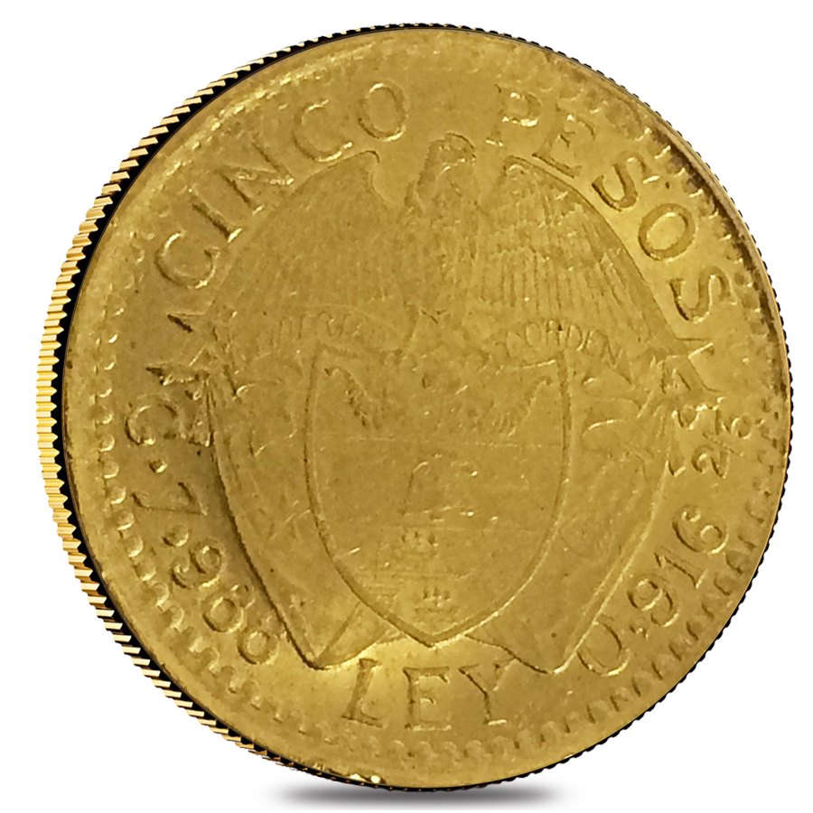 Colombia 5 Pesos Gold Coin Scruffy AGW 0.2355 oz (1913-1930, Random Year) thumbnail 2