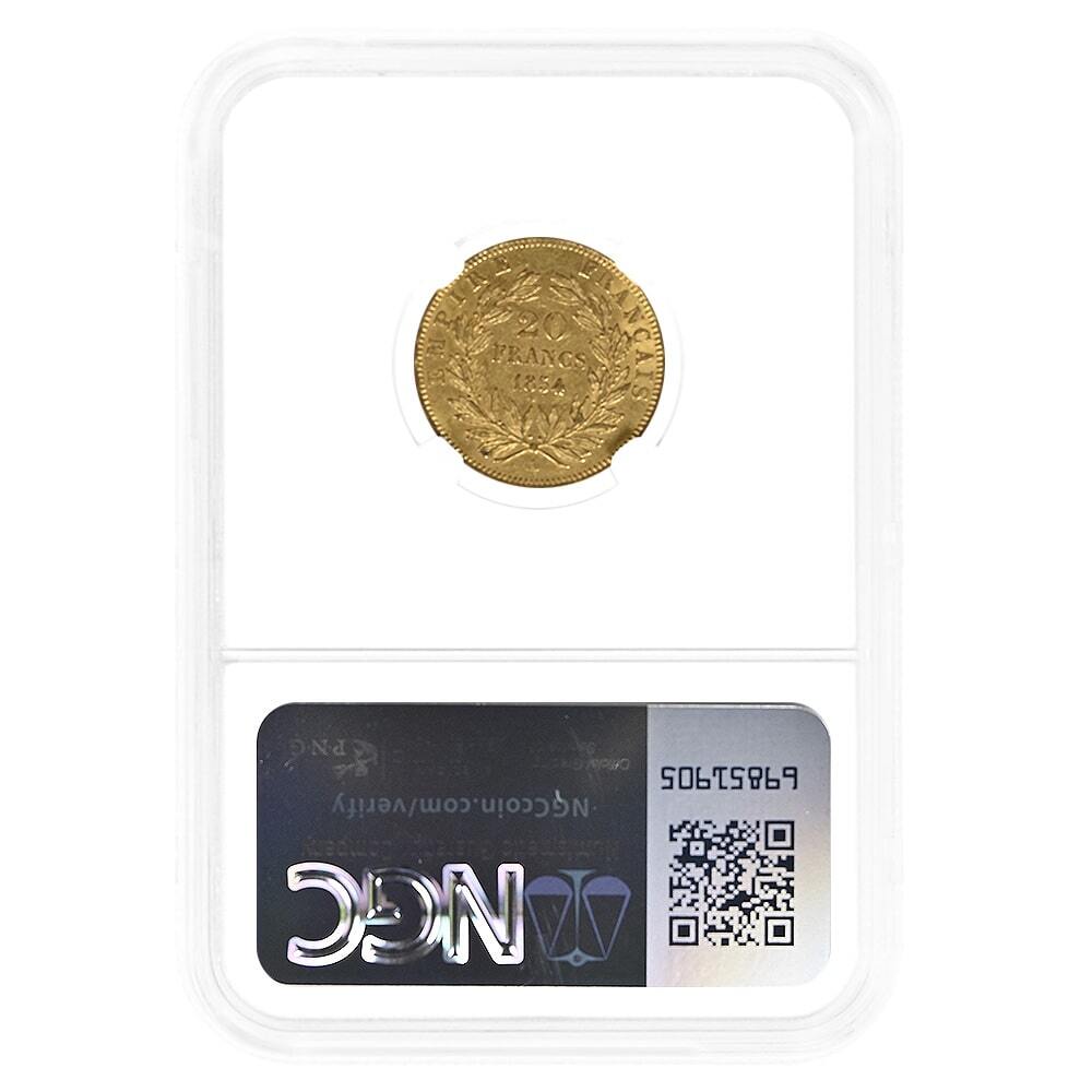 1854-A France 20 Francs Napoleon III Gold Coin NGC AU 55 Mint Error Obverse Lamination thumbnail 2