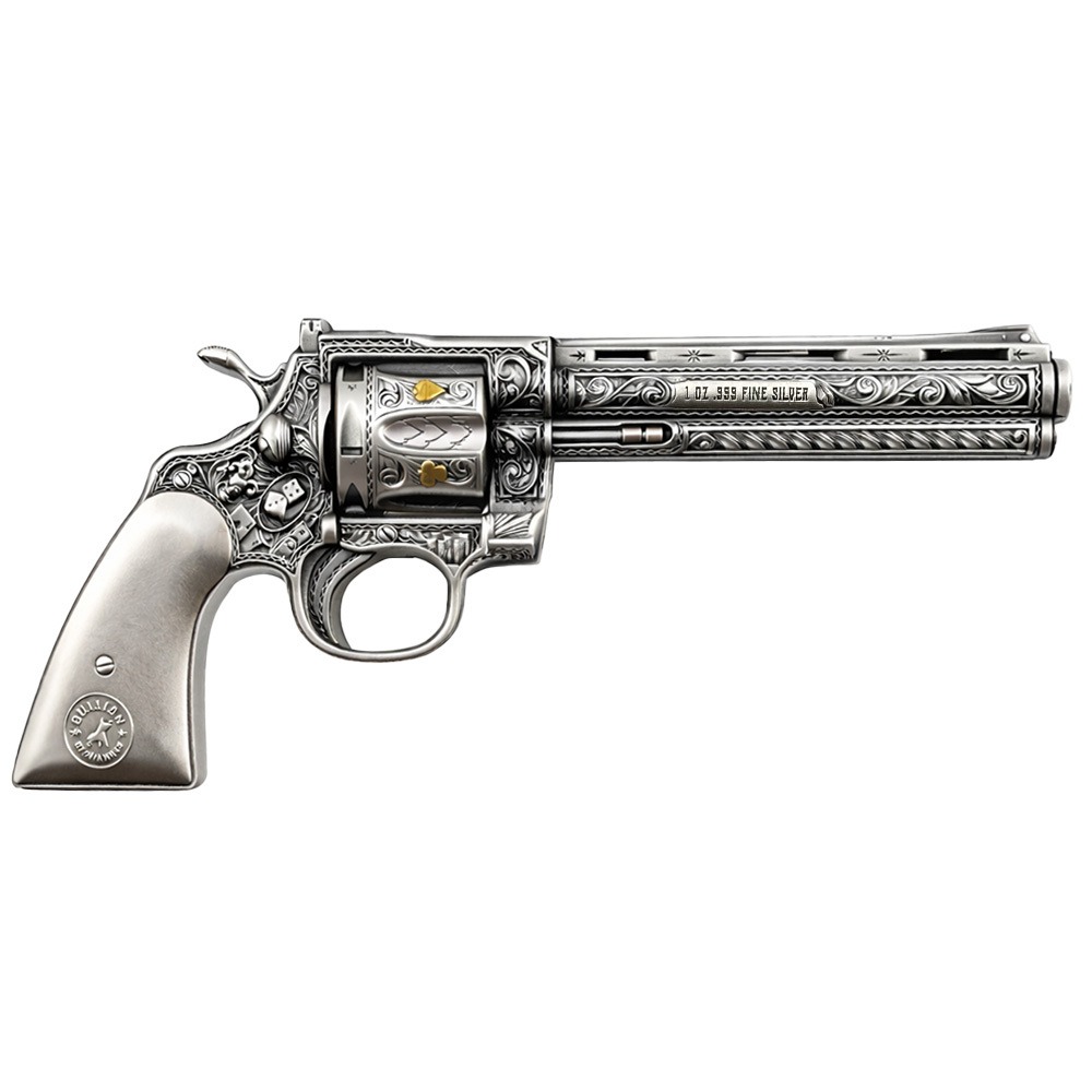1 oz Silver Revolver Gun Shaped Antiqued High Relief .999 Fine thumbnail 2