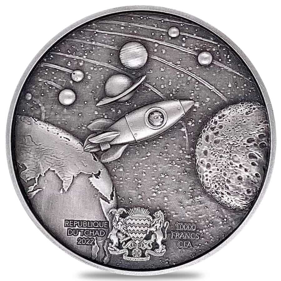 2022 Chad 2 oz Silver Doge on The Moon Antiqued High Relief Coin .999 Fine (w/Box) thumbnail 3