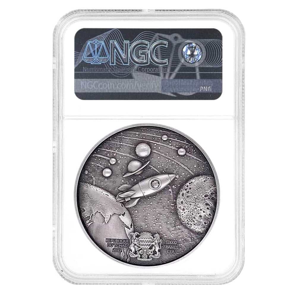 2022 Chad 2 oz Silver Doge on The Moon High Relief Coin NGC MS 70 ER One of First 100 thumbnail 2