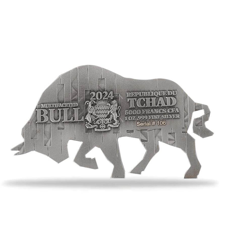 2024 Chad 1 oz Silver Multifaceted Bull Shaped Coin .999 Fine thumbnail 3