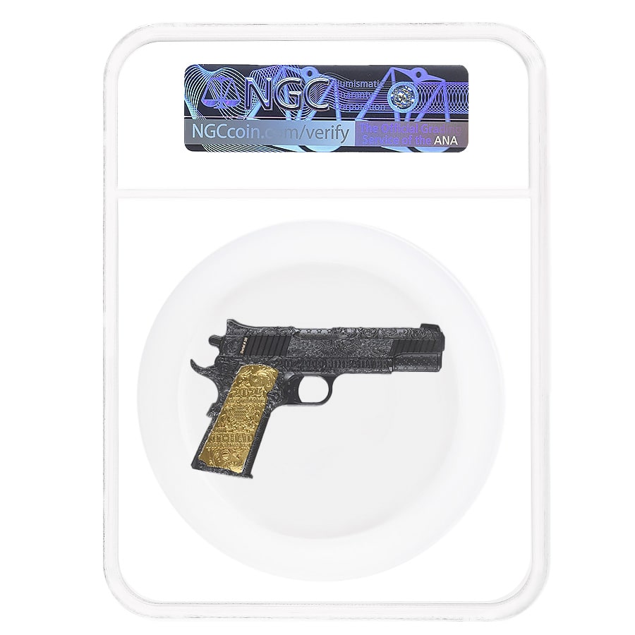2024 Chad 2 oz Silver .45 Caliber Pistol Handgun Black & Gold NGC MS 70 ER One of First 100 thumbnail 2