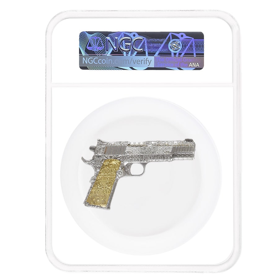 2024 Chad 2 oz Silver .45 Caliber Pistol Handgun Gilded NGC MS 70 ER One of First 100 thumbnail 2