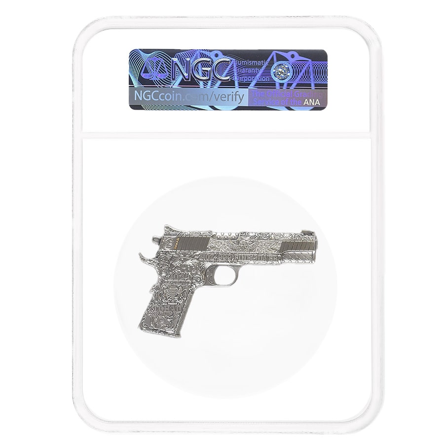 2024 Chad 2 oz Silver .45 Caliber Pistol Handgun NGC MS 69 ER One of First 100 thumbnail 2