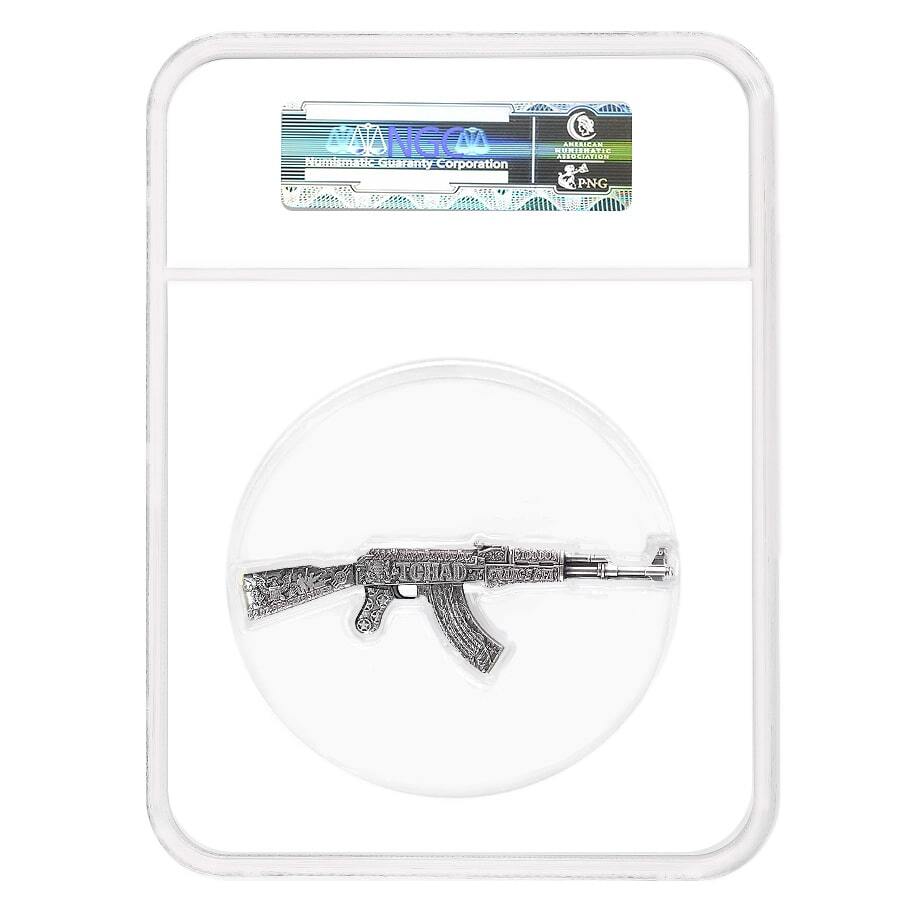 2024 Chad 2 oz Silver Assault Rifle Antiqued Coin NGC MS 70 ER One of First 100 thumbnail 2