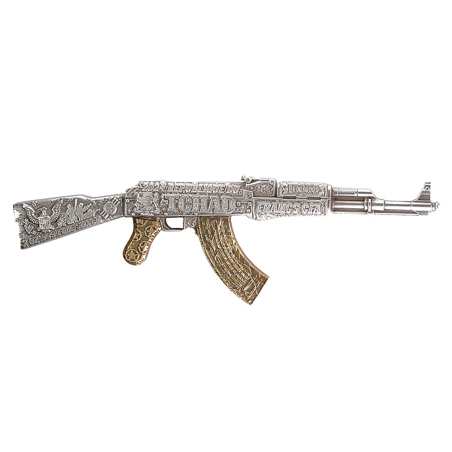 2024 Chad 2 oz Silver Assault Rifle Gilded Shaped Coin .999 Fine thumbnail 3