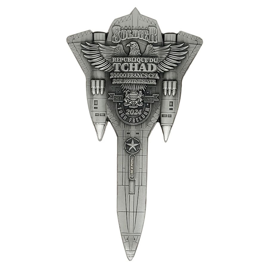 2024 Chad 2 oz Silver Fighter Jet Antiqued Shaped Coin .999 Fine thumbnail 3
