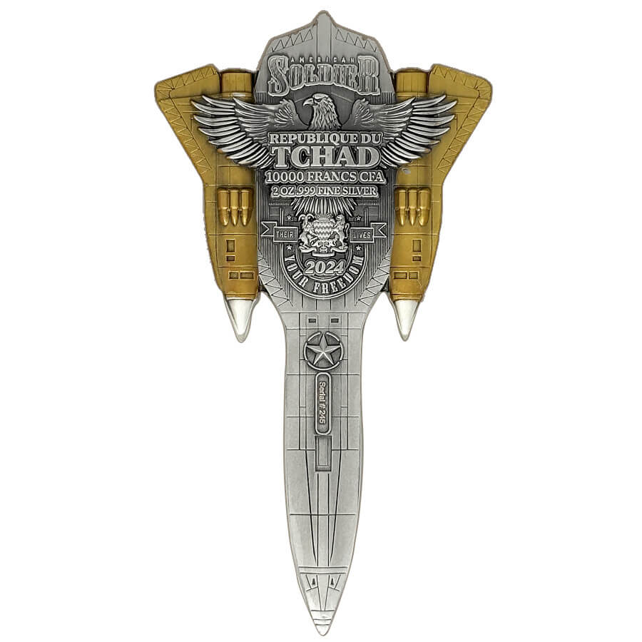 2024 Chad 2 oz Silver Fighter Jet Gilded Shaped Coin .999 Fine thumbnail 3