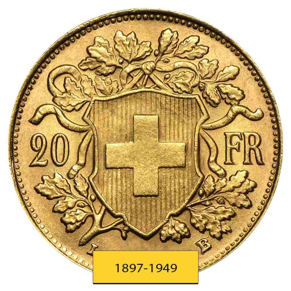 20 Francs Swiss Helvetia Vreneli Gold Coin AGW .1867 oz AU/BU (1897-1949, Random Year) thumbnail 2