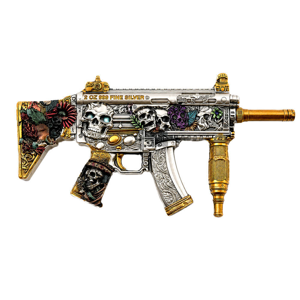 2 oz Dia de los Muertos Gun ShapedSilver .999 Fine Antiqued Finish thumbnail 3