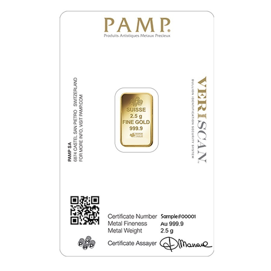 2.5 Gram Gold Bar PAMP Suisse Lady Fortuna Veriscan .9999 Fine (in Assay) thumbnail 3