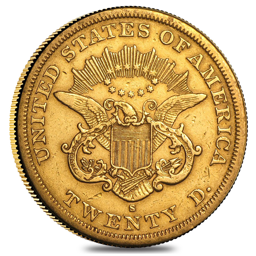 $20 Gold Double Eagle Liberty Head Type I - Polished or Cleaned (Random Year, 1850-1866) thumbnail 2