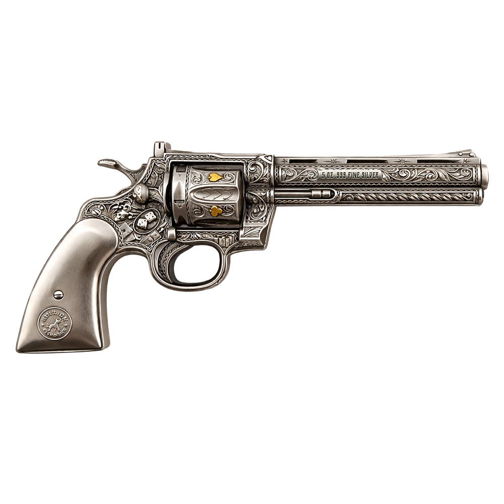 5 oz Silver Revolver Gun Shaped Antiqued High Relief .999 Fine thumbnail 2