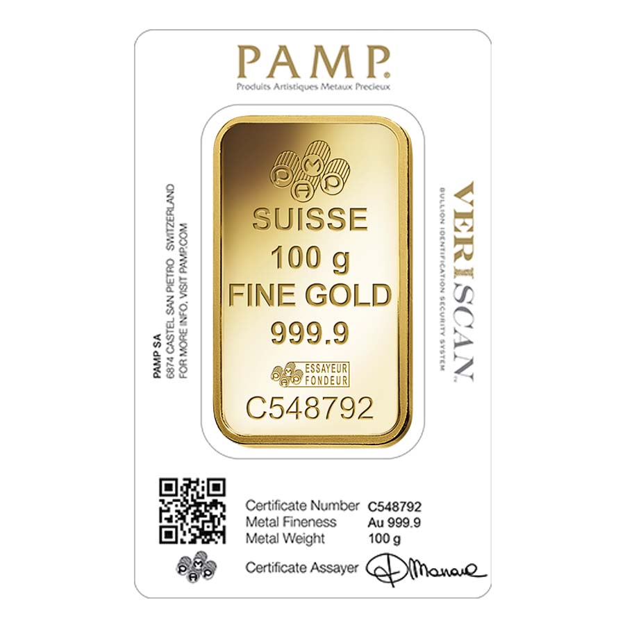 100 Gram Gold Bar PAMP Suisse Lady Fortuna Veriscan .9999 Fine (in Assay) thumbnail 3