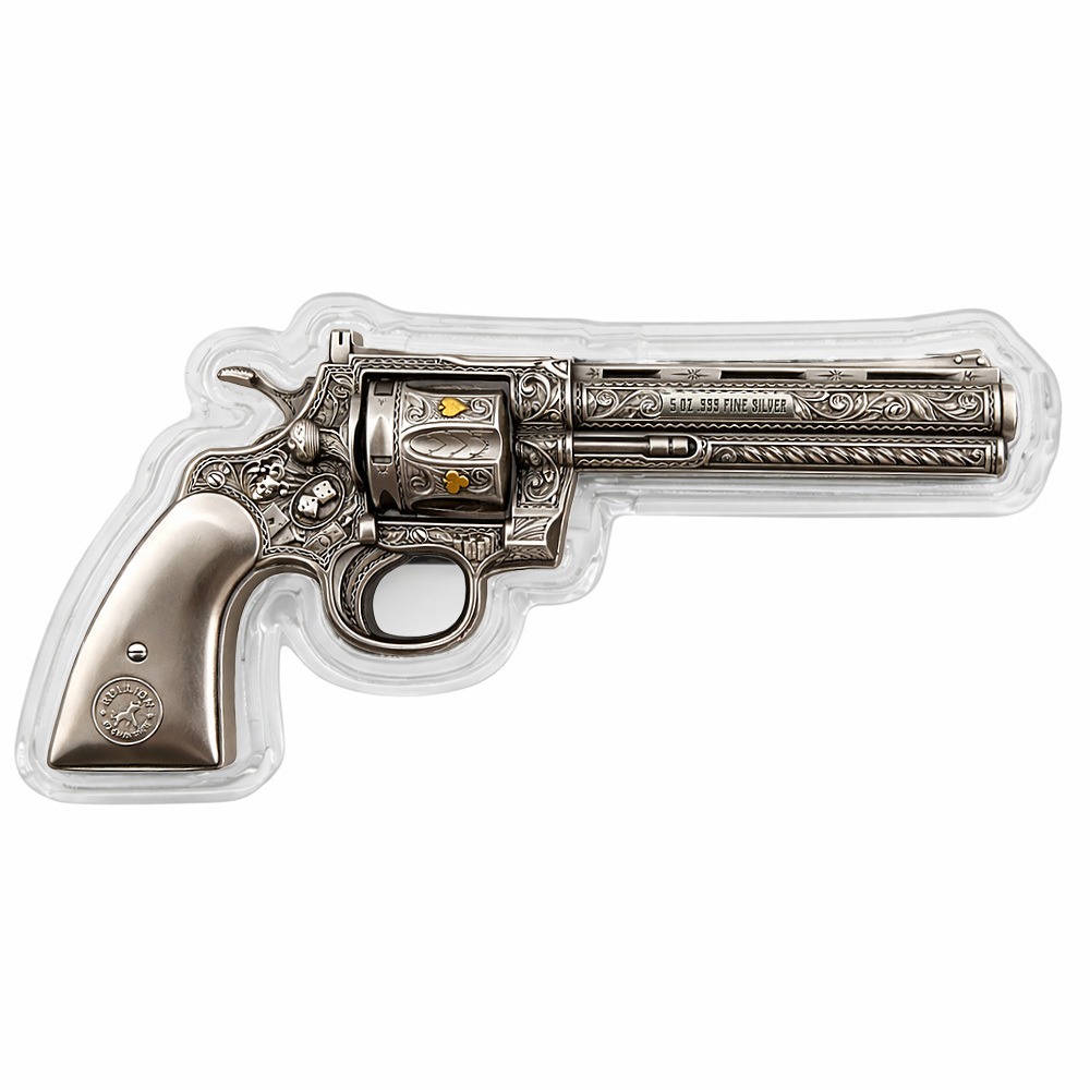5 oz Silver Revolver Gun Shaped Antiqued High Relief .999 Fine thumbnail 4