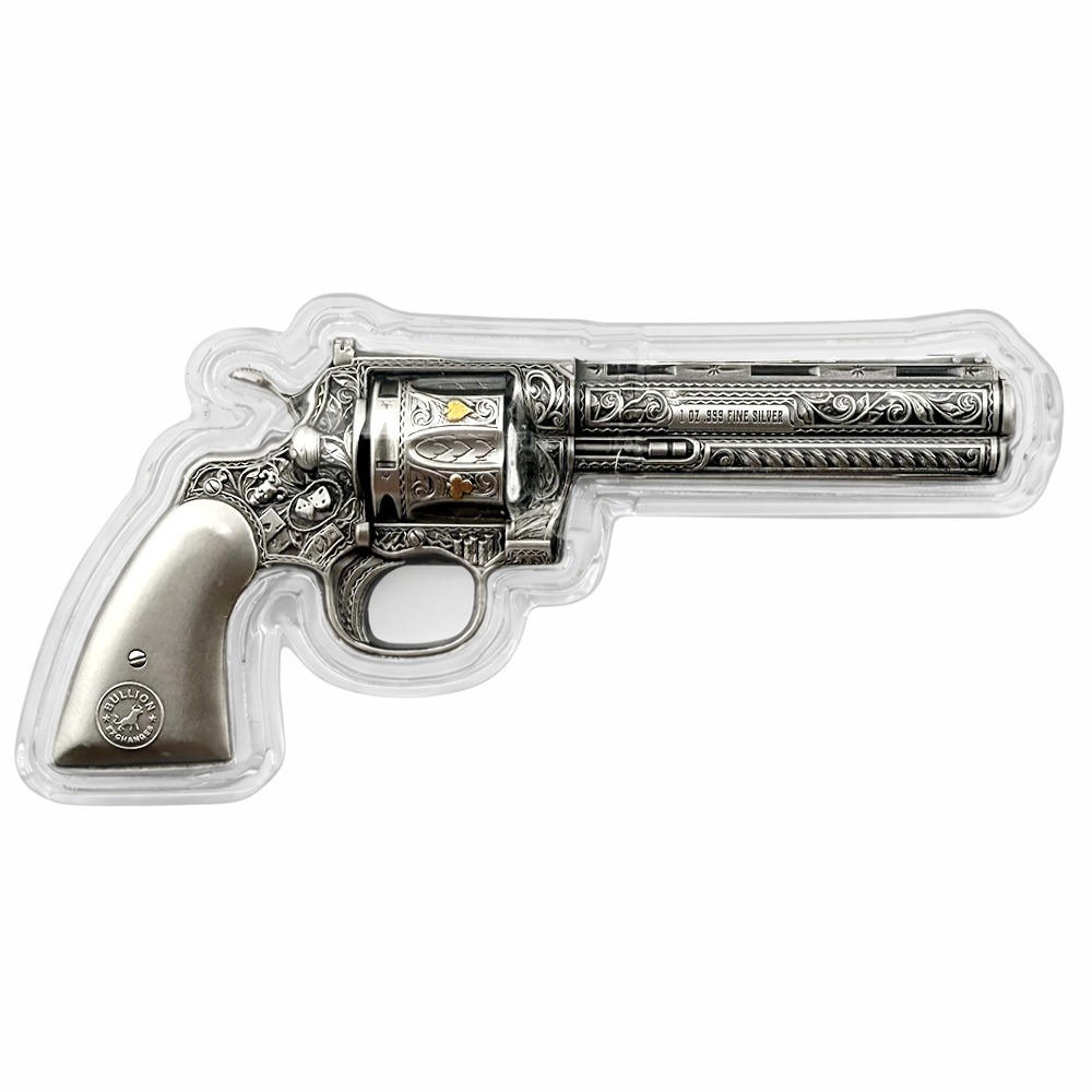 1 oz Silver Revolver Gun Shaped Antiqued High Relief .999 Fine thumbnail 4