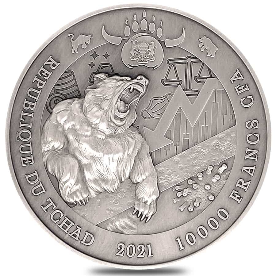 2021 Chad 2 oz Silver Bull vs Bear Pandemic Coin PCGS MS 70 FDOI Antiqued High Relief thumbnail 4