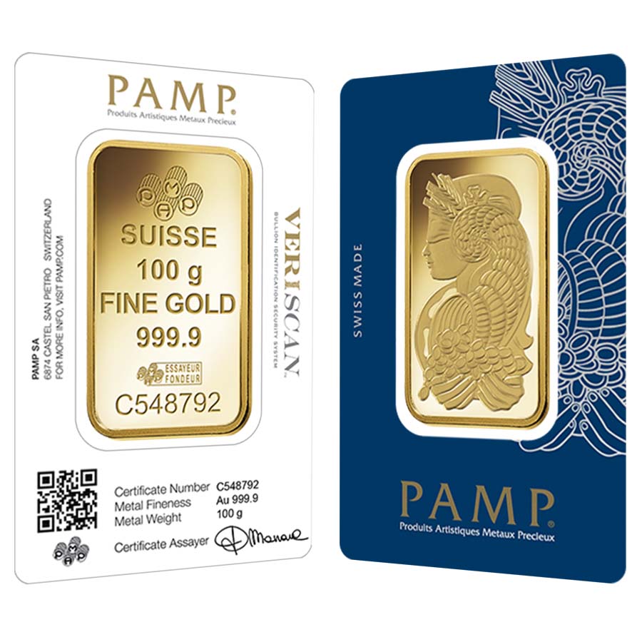 100 Gram Gold Bar PAMP Suisse Lady Fortuna Veriscan .9999 Fine (in Assay)