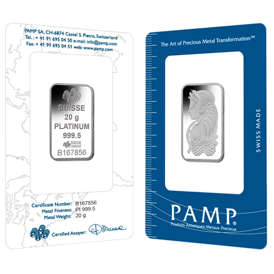 20 gram PAMP Suisse Lady Fortuna Platinum Bar .9995 Fine (In Assay)