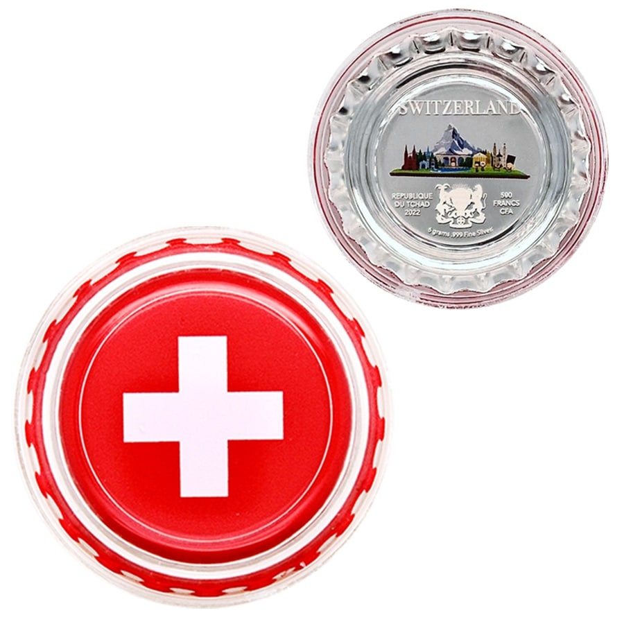 2022 Chad 6 gram World Landmarks - Switzerland Bottle Cap Proof Silver Coin .999 Fine (In Cap) thumbnail 3