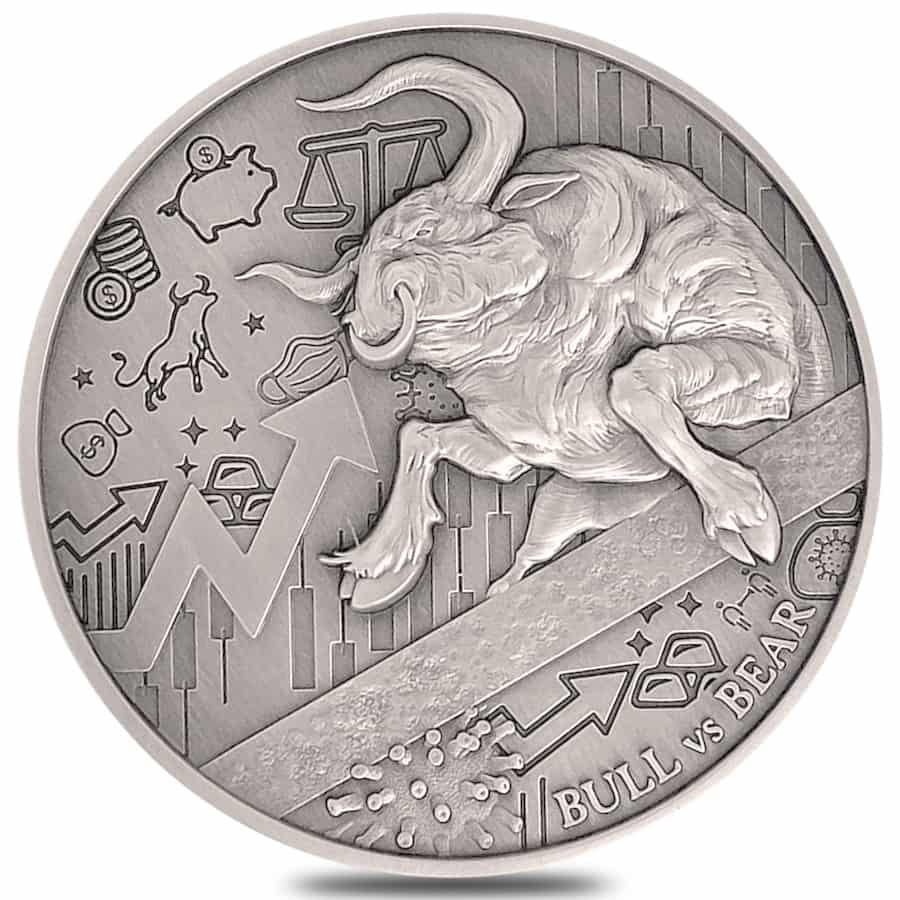 2021 Chad 2 oz Silver Bull vs Bear Pandemic Coin PCGS MS 70 FDOI Antiqued High Relief thumbnail 3