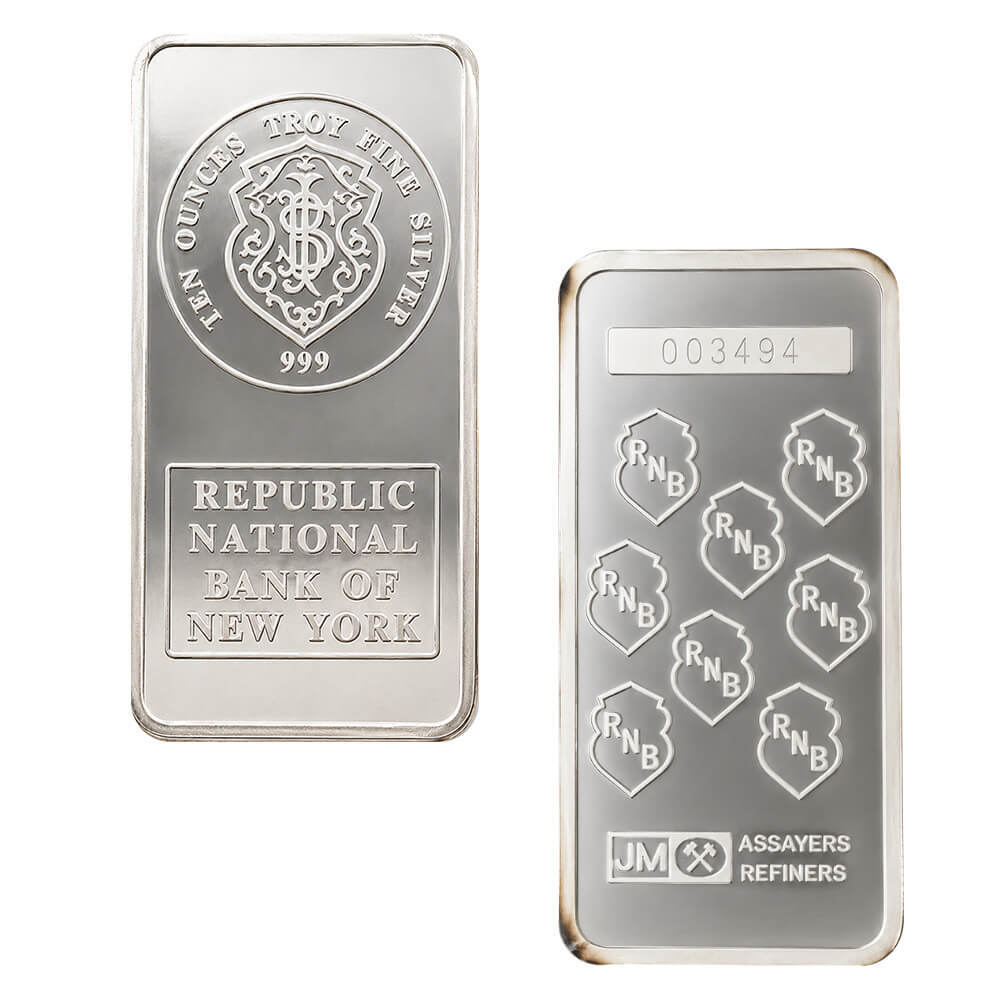 10 oz Johnson Matthey JM Republic National Bank Silver Vintage Bar .999 Fine thumbnail 3