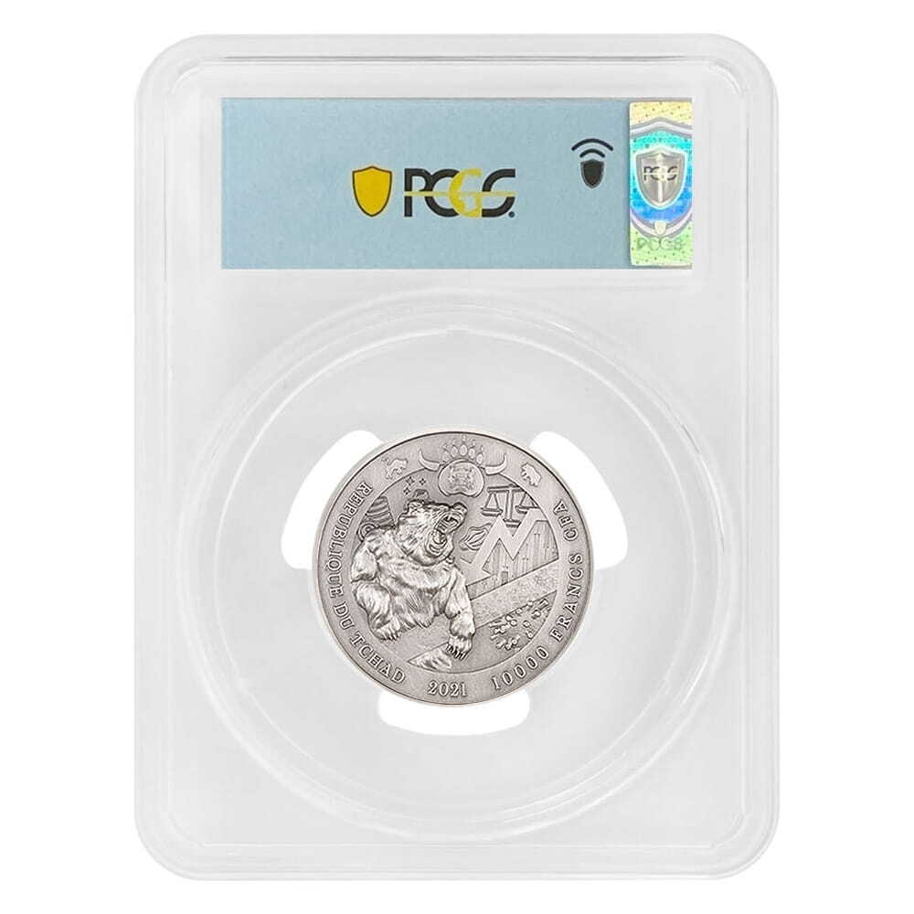 2021 Chad 2 oz Silver Bull vs Bear Pandemic Coin PCGS MS 70 FDOI Antiqued High Relief thumbnail 2