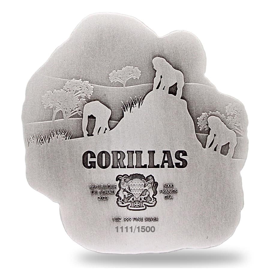 2023 Chad 1 oz Silver Gorilla and Child Shaped Antiqued High Relief Coin .999 Fine (w/Box) thumbnail 3