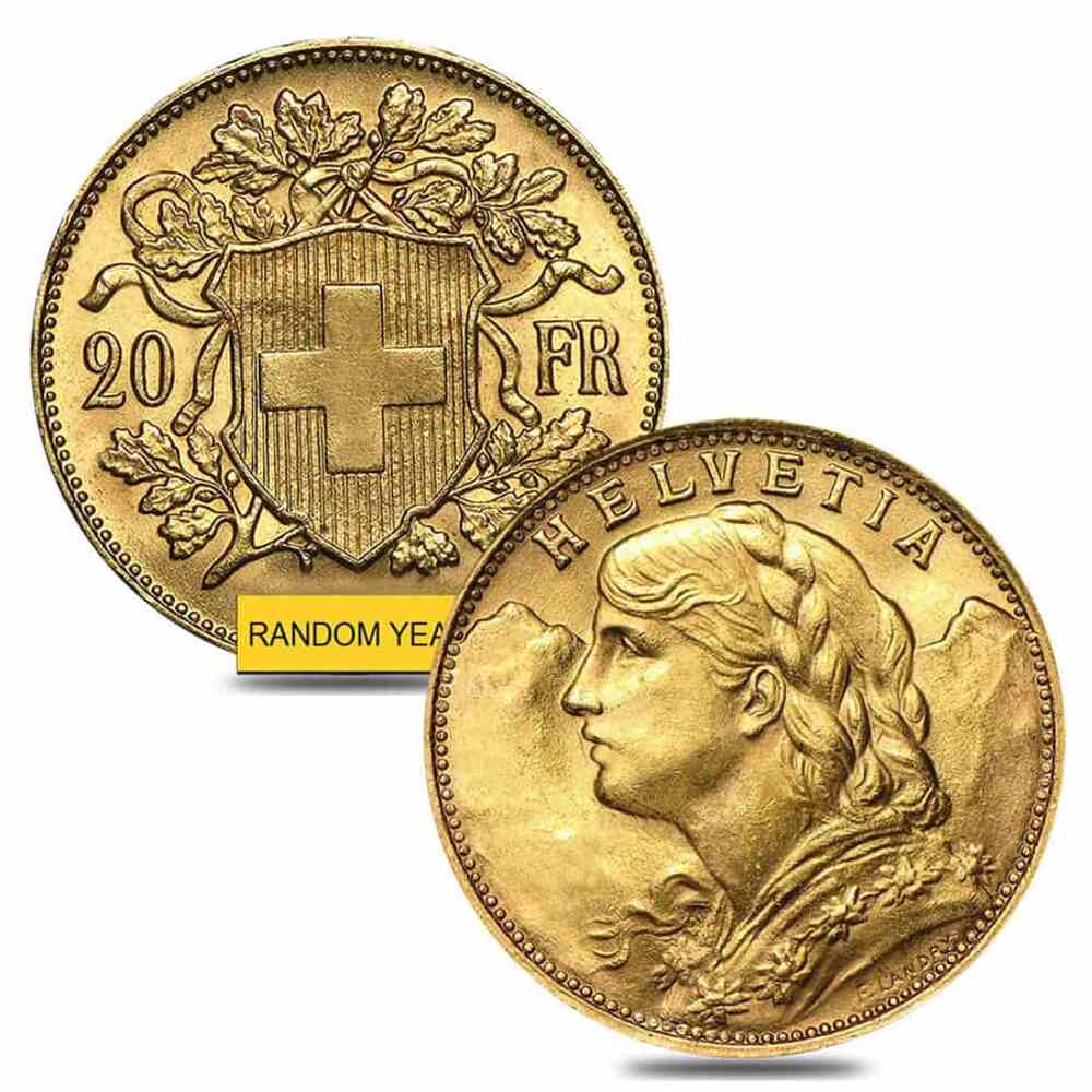 20 Francs Swiss Helvetia Vreneli Gold Coin AGW .1867 oz AU/BU (1897-1949, Random Year) thumbnail 3