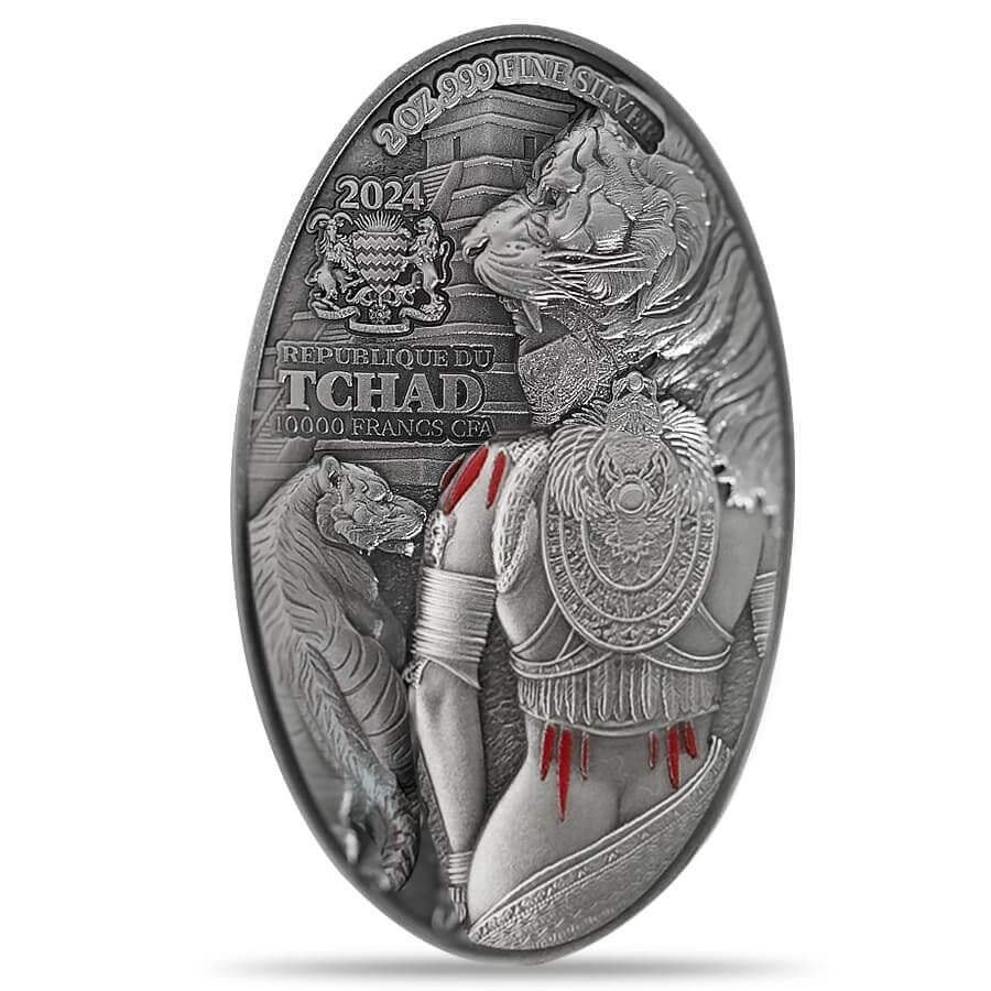 2024 Chad 2 oz Silver Aztec Warrior Queen High Relief Coin .999 Fine thumbnail 3