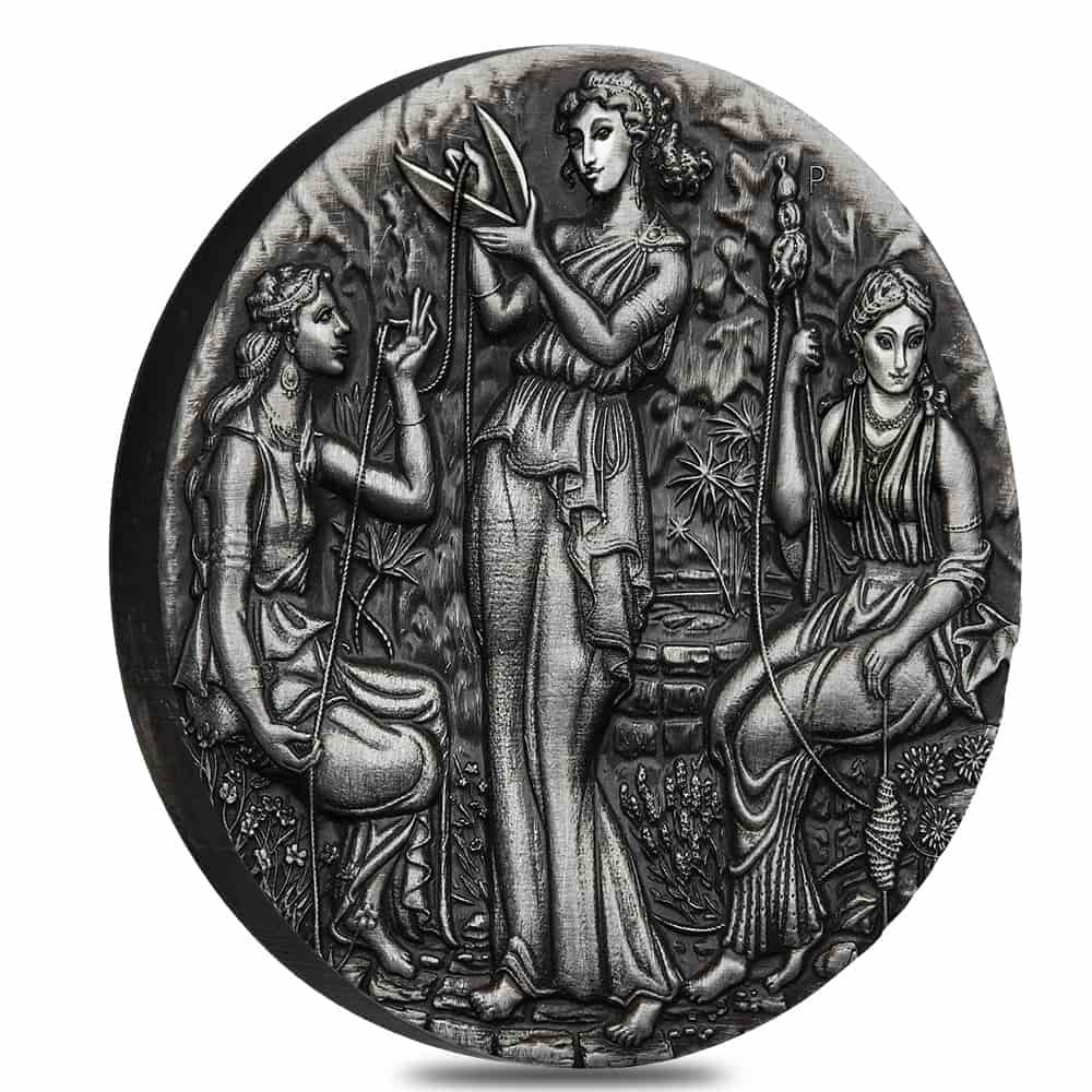 2025 2 oz Fate - The Moirai Antiqued Silver High Relief Coin Perth Mint thumbnail 4