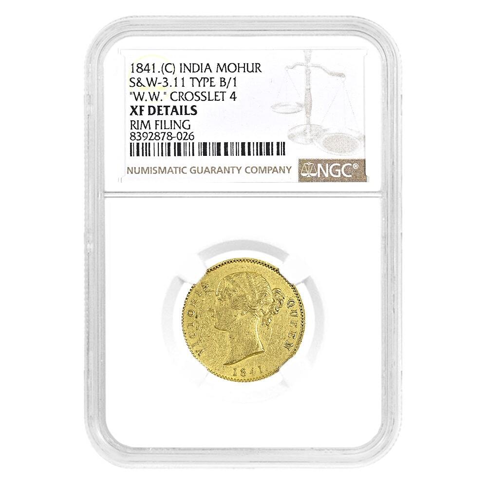 1841 (C) India Mohur S&W-3.11 Type B/1 "W.W." Crosslet 4 Gold Coin NGC XF Details