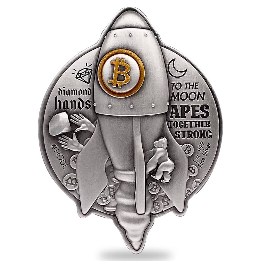 2022 Chad 1 oz Silver Bitcoin Rocket Shaped Antiqued High Relief Coin .999 Fine (w/Box) thumbnail 2
