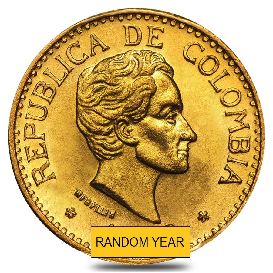 Colombia 5 Pesos Gold Coin Avg Circ AGW 0.2355 oz (1913-1930, Random Year)