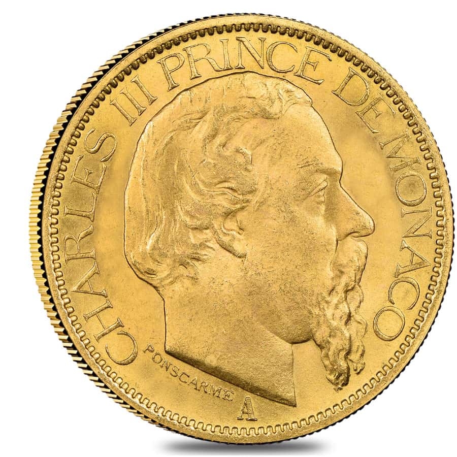 100 Francs Monaco Charles III Gold Coin AGW .9334 oz Avg Circ (Random Year, 1882 -1886)