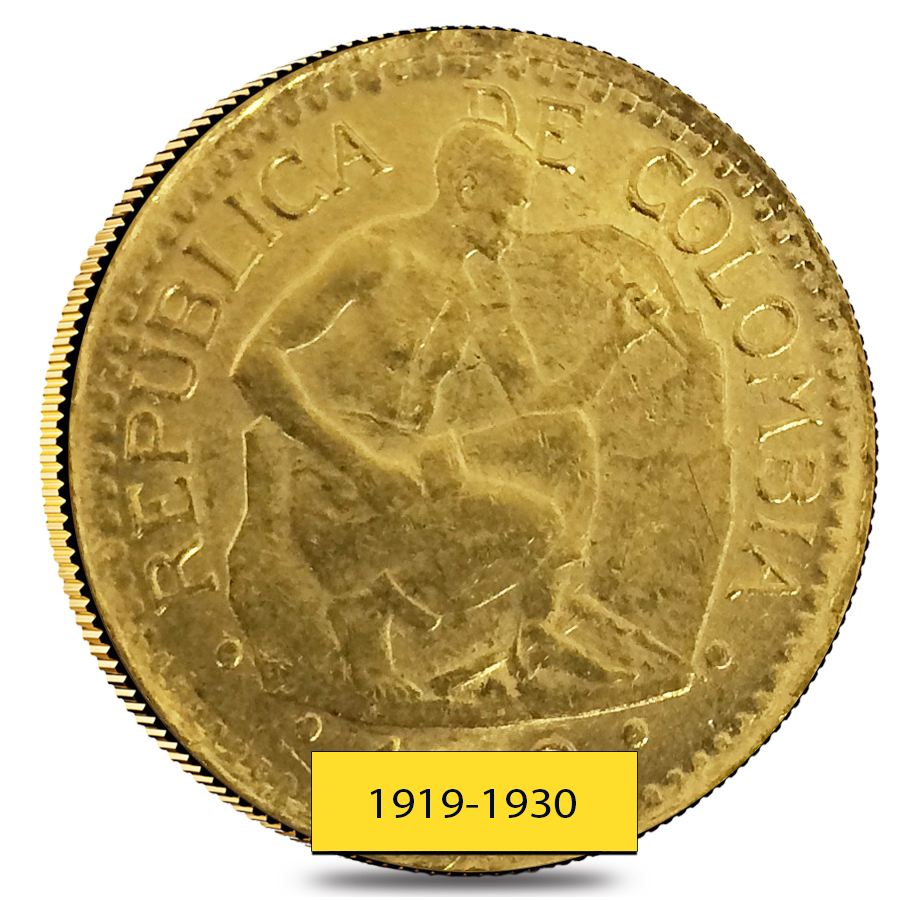 Colombia 5 Pesos Gold Coin Scruffy AGW 0.2355 oz (1913-1930, Random Year)